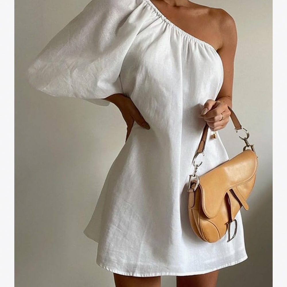 New Elegant linen White One-Shoulder Dress